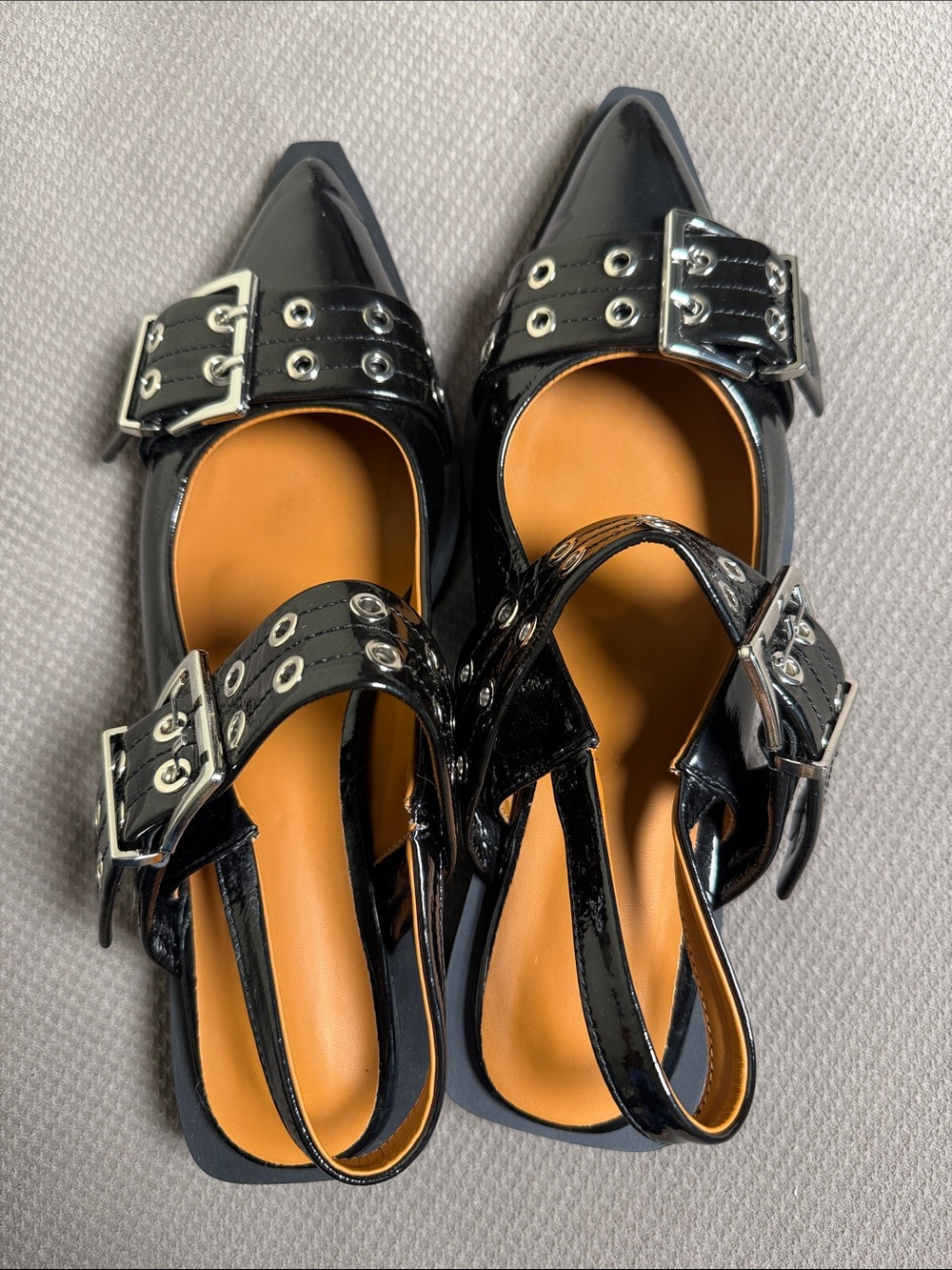 Pointed Patent Slingback Flats with Buckle Detail - Black